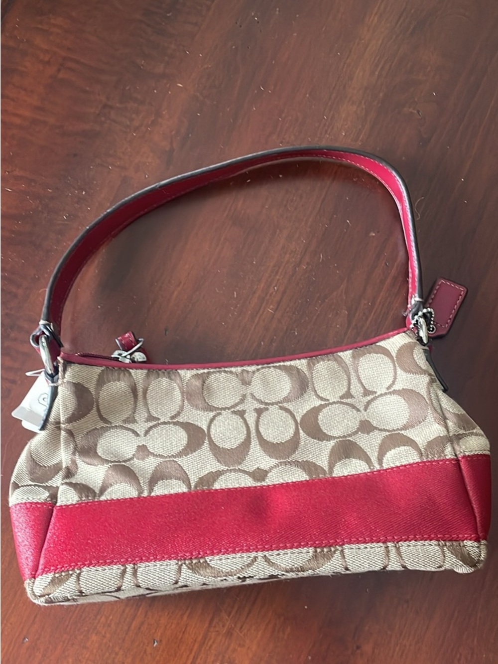 Coach Canvas Shoulder Bag in Khaki and Red